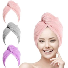 URAQT Hair Towel Turban, 3 Pack Microfibre Soft Hair Towel Wrap, Absorbent Twist Toweling Turban Cap Anti Frizz Head Towel Dry Hair Caps with Button Loop for Women Girl Long Wet Thick Curly Hair
