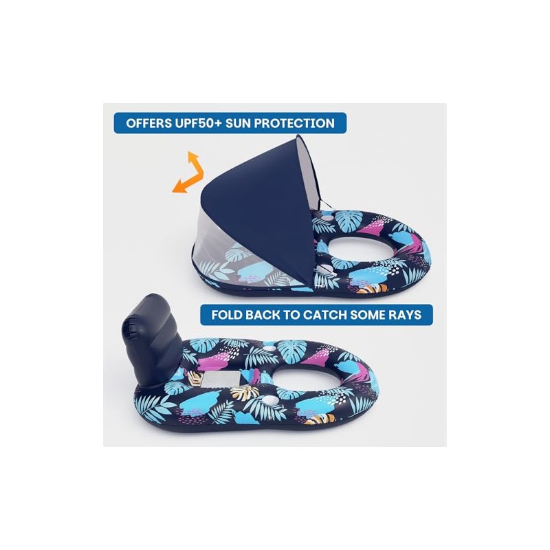 Inflatable Pool Floats with UPF50+ Canopy-Removable-120° Adjustable, Large Pool Beach