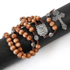 Nazareth Store Sacred St Michael Wood Beads Rosary Solid Wooden Prayer Chaplet with Cross Saint Medal & Silver Pardon Crucifix