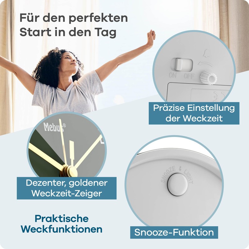 Mebus Silent Alarm Clock with Stylish Design, Snooze and Illuminated