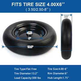 Cubesprings 13 Inch Wheelbarrow Tires 4.00-6 Flat Free Wheelbarrow Tire, 5/8" or 3/4" Bearings Sold Tire Replacement for Wheel Barrel Wheel Barrow, Includes Adapter Kit(4.00-6 Flat Free)
