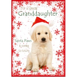 doodlecards Granddaughter Christmas Card Cute Santa Paws Puppy Dog Pet Medium Size Christmas Card for Granddaughter with Plain Envelope