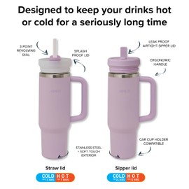 Avanti HYDROquench Stainless Steel Insulated Water Quencher, Tumbler 1 Litre with Handle & Straw - Leak Proof(Sipper lid only), BPA Free, Dual Lid, 24hr Cold Retention, Lilac
