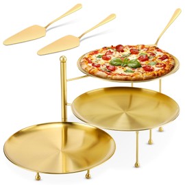 Teenyyou 7 Pcs Gold Pizza Pan Stand Set, Pizza Pans, Knives, Riser Stand