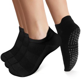 AGUTIUN Grip Socks for Women Pilates Yoga Non Slip Socks with Grips for Barre Hospital Home Athletic 3 Pairs Crew Grip Socks, Black, One size