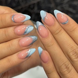 Light Blue French Tip Press on Nails Medium Almond - QUNQINLI Fake Nails Nude Pink False Nails Press ons with Glitter Curve Design Full Cover Nail Tips Acrylic Nail Art Kit for Women Girls 30 Pcs