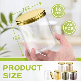 Irenare 24 Pcs 16 oz Clear Plastic Jars with Ribbed Lids Wide Mouth Food Plastic Mason Jars 16 oz Airtight Paint Storage Containers for Dried Fruit, Honey, Nuts, Kitchen Household (Golden Lids)