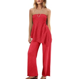 Panadila Womens Off Shoulder Sweater Set 2 Piece Outfits Summer Vacation Knit Matching Lounge Set Tube Top and Pants Set(Red,XS)