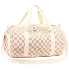 BLUBOON Duffle Bag Girls Kids Cute Gym Bag with Shoes Compartment & Wet Separation Waterproof Sports Overnight Travel Bag (Brown White Check)