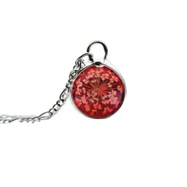 Queen Anne's Lace Stained Glass Necklace for Women, Real Pressed Flower Pendant, Cherry Red Jewelry Gift, 4th Wedding Anniversary Gift for Wife, Artisan Hand Crafted by Bayou Glass Arts (Red22gm)
