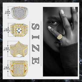 Magitaco 4Pcs 18K Gold Plated Bling Pinky Ring Simulated Diamond Iced Out Ring Big Star Square CZ Punky Rappers Ring Cool Hip Hop Ring for Men