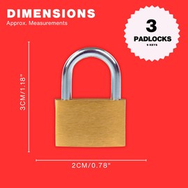 Navoys Pack of 3 20mm Solid Brass Padlocks with 9 Keys - Small Locker Padlocks, Solid Brass Body, Mini Luggage, Tool Box, Jewellery Box and Cupboard Padlocks