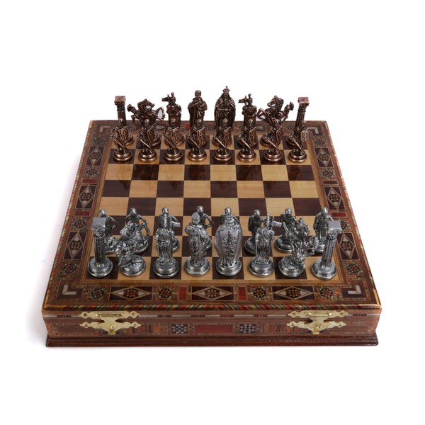 GiftHome Medieval British Army Antique Copper Metal Chess Set for Adults,Handmade Pieces and Natural Solid Wooden Chess Board with Storage Inside King 3.35inc