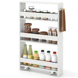 COSTWAY Slim Rolling Storage Cart, 4-Tier Rolling Utility Cart, Wood Kitchen Storage Cart with Handle & Wheels, Narrow Rolling Shelving Unit for Kitchen Bathroom Laundry Small Places (Plain White)