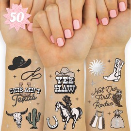 xo, Fetti Western Tatuajes Temporales Para Fiesta De Cumpleaños - 50 Pzas De Lámina Plateada | Accesorio Para Niña De Cumpleaños, Rodeo Cowgirl Despedida De Soltera Decoraciones, Acceso