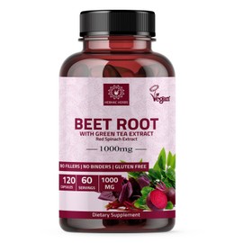 Hebhac Herbs Beetroot Powder Capsules (120 Capsules) - Beetroot Capsules 1000 mg | Made with Organic Green Tea & Red Spinach Extract | GMO Free, Gluten Free, Vegan | 60 Days Supply