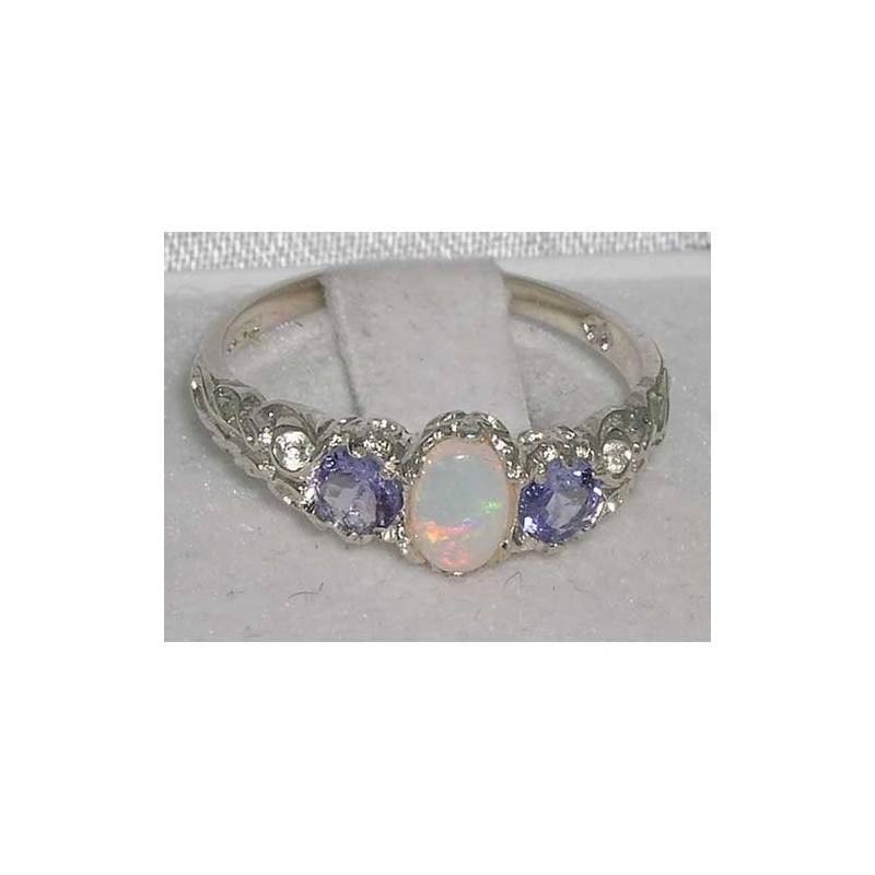 Ladies Solid Sterling Silver Natural Opal & Tanzanite English Victorian