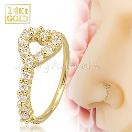 20G 14K Yellow Gold Heart-shaped Nose Hoop Ring Twist-open 5/16"(8mm) Nose Ring, Unisex, Diamond Simulated Stones 14KNH15PR1-CZYG