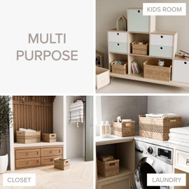 Water Hyacinth Storage Baskets - Set of 3 Woven Decorative Baskets, Multi-size Organizers for Household Storage, Home Office, Pantry, Kitchen, Laundry, with Handles & Wood Accents, Natural