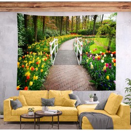Loccor Spring Garden Tapestry Mystic Floral Path Bridge in the Park Flowers Trees Wall Hanging Nature Tapestry Home Wall Art for Bedroom Dorm Picnic Living Room Wedding Picnic Party Decor 90"x70"
