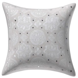 DK Homewares Ethnic Couch Decorative Cushion Covers 40 x 40 cm Cotton White Embroidered Cushion Covers Indian Bedroom Mirrored Square Boho Decorative Cushion Covers - Set of 2 (Cover Only)