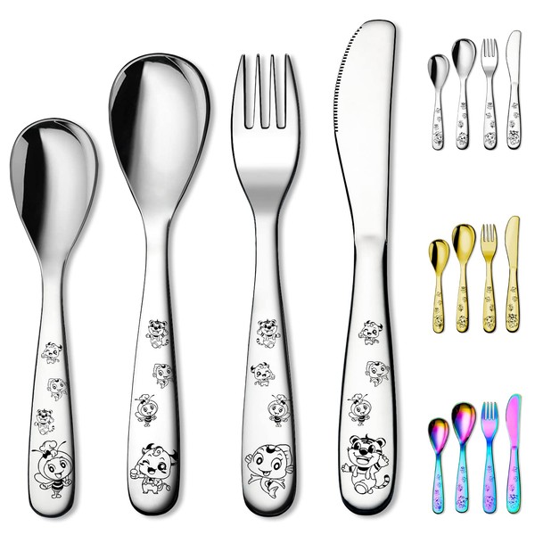 Berglander Children's Cutlery 4-Piece Stainless Steel Children's Tableware Set, Child Safe Fork and Spoon Flat Tableware, Highly Polished Smooth Round Edge, Dishwasher Safe