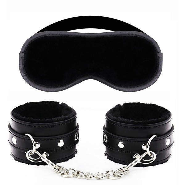 Lightweight and Comfortable Sleep Mask, Blindfold Costume Sleeping Masks and Soft Wrist Handcuffs, Leather Handcuffs (Black)