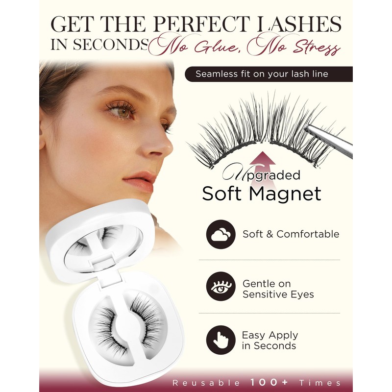 BEYELIAN Magnetic Eyelashes with Applicator, Soft Magnetic Lashes Natural Look