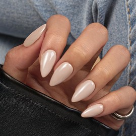 SXVME Nude Brown Press On Nails Almond - Acrylic Press On Nails Medium Stiletto, Opaque Solid Light Gray Fake Nails with Glue, Fit Perfectly, Reusable Soft Gel Stick on Nails for Women, 24 Pcs