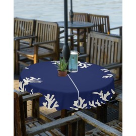 LBCASA Outdoor Tablecloth with Umbrella Hole and Zipper, Coral Navy Blue Waterproof Table Cloth for Patio/Party/Picnic, Ocean Theme Nautical Coastal Marine Table Cover, 54 Inch Round