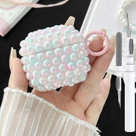 Cute Pearls Case for Airpods 4 Case Girls Women, Soft Handmade Glitter Beads Airpods 4th Generation Protective Cover with Cleaner Pen&Keychian for Air Pod Gen 4, Gradient Pink