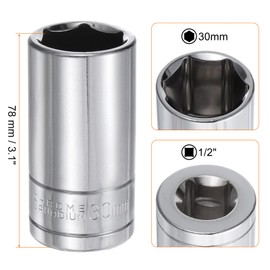 sourcing map 6-Point Socket 1/2" Drive 30mm Metric 3.1" Length 45# Steel Deep Sockets Full Polishing Chrome Sockets for Car Repair Mechanical Maintenance Home Use