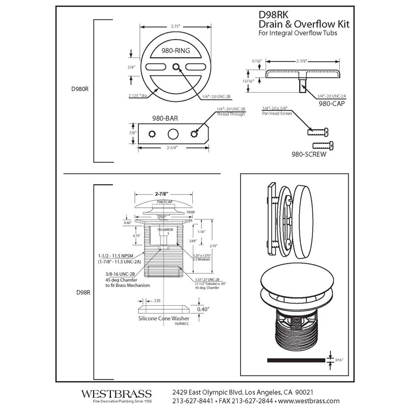 Westbrass Tip-Toe Integrated Overflow Tub Trim with Floating Faceplate, Matte