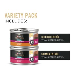 Purina Pro Plan Vital Systems Chicken and Salmon Entree Wet Kitten Food Variety Pack 4-in-1 Muscles, Brain, Immune and Bone - (Pack of 24) 3 oz. Cans