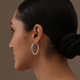 LeCalla 925 Sterling Silver Textured Hoop Earrings for Women | Rhodium-Plated Diamond-Cut Hoops Earring | Oval Shape Click-Top Hoop Earring 35MM