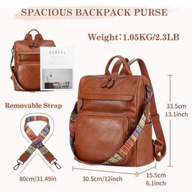 RAVUO Women Backpack, Fashion PU Leather Rucksack Backpack Purse Large Ladies Travel Handbag Shoulder Bags Three Ways to Carry Brown