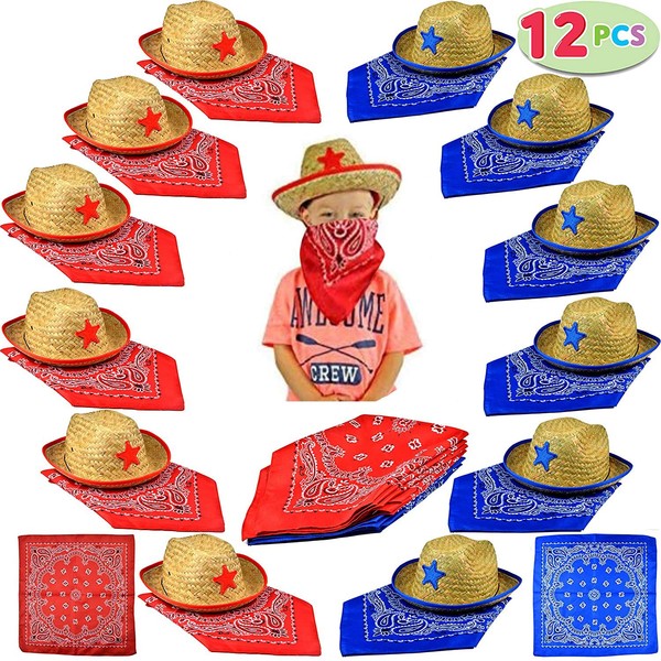 JOYIN Toy Pack of 12 Childs Straw Cowboy Hats with Cowboy Bandannas (6 Red & 6 Blue) Party Favors