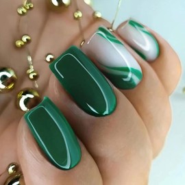 24pcs Short Square False Nails Green Swirl Stick on Nails Emerald Green Nude Acrylic False Nails Removable Glue-on Nails Full Cover Fake Nails with Glue Women Brides Nail Art Accessories