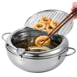 1.1 Gal Stainless Steel Frying Pot, 4.2 L Japanese Deep Fryer Pot with Thermometer, Removable Oil Drip Rack, Tempura Frying Pot with Lid
