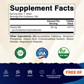 Vitamatic Vitamin B6 (Pyridoxine HCI), 25 mg 250 Vegetarian Tablets