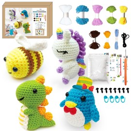 TGIQROVE Crochet Kit for Beginners, 4Pcs Animal Crochet Kit for Adults Include Videos Tutorials, Yarn, Eyes, Stuffing, Crochet Hook, Instructions, Kids Boys Girls Birthday Gifts