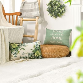AVOIN colorlife Home Sweet Home Eucalyptus Leaves Throw Pillow Covers, 12 x 20 Inch Seasonal Spring Summer Motto Green Cushion Case for Sofa Couch Set of 4
