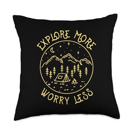 Funny Sayings For Camper Hiker & Backpacking Explore More Worry Less Campfire Nature Lover Tent Camping Throw Pillow, 18x18, Multicolor