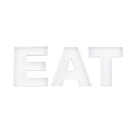 Restaurantware White Charcuterie Letters Fillable EAT Letter Tray 1 Count 2 1/2" x 12" x 4 3/4" Grease-Resistant and Microwavable Letters Food Tray for Catering Event, Buffets and Bakeries