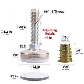 Heavy Duty Furniture Levelers Adjustable Furniture Legs Levelers, Leveling Feet for Tables Chairs Cabinets Sofa Raiser, Support 1320LBs, T- Nut Kit 3/8”-16 Thread, Large Base,w/ 4 Felt Pads (4 Pack)