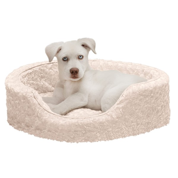 Furhaven Small Dog Bed Ultra Plush Curly Faux Fur Oval Lounger w/ Removable Washable Cover - Cream, Small