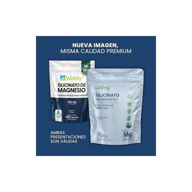 Wellthy Glicinato de Magnesio 120 Cápsulas. 432mg, 100% Natural, Alta