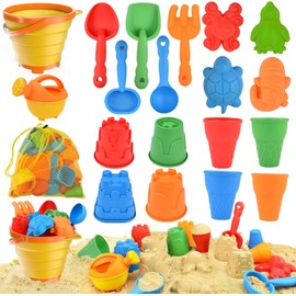 Juguetes de Playa para Niños - Incluye Pala y Cubeta de Arena Plegable, Rastrillo de Arena, Moldes de Arena, Bolsas de Recolección y Fiesta en la Playa (Amarillo)