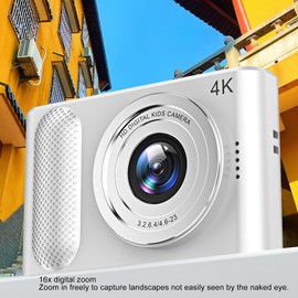 Digital Camera, 4K Kids Camera, HD, 48MP, 16x Zoom, Digital Video Camera with 2.4 Inch Screen, Compact Small Camera for Travel Photography, Vlogging (White)