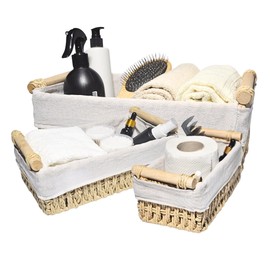 Stackzey Storage Baskets for Organizing - Set of 3 Storage Bins for Countertop with Decorative Wooden Handles - Toilet Paper Basket for Tank Top for Home Decor Bedroom, Livingroom & Entryway